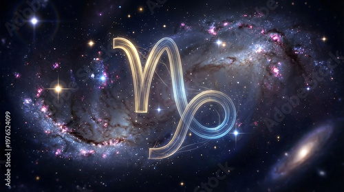 Capricorn zodiac symbol glowing with light trails in deep space. Cosmic constellation sign of astrology floating in nebula. Galaxy starlight background concept.