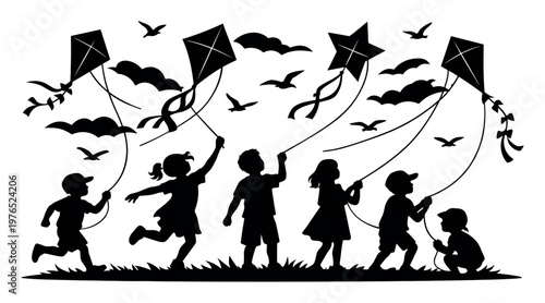 Group of young children enjoying outdoor playtime, laughing and running while flying kites, celebrating childhood freedom