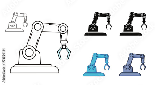 Industrial robotic arms and grippers in various configurations for automation and manufacturing.