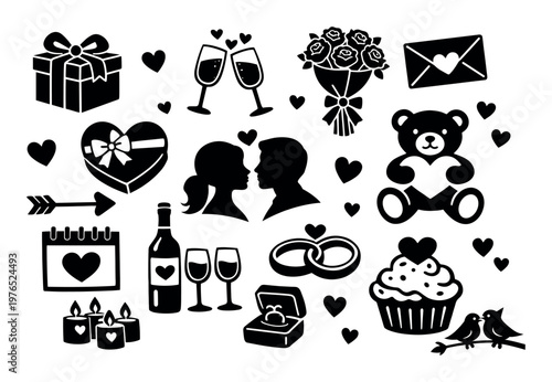 Set of Valentine's Day icons featuring a couple, gift, hearts, rings, teddy bear, roses, and wine, symbolizing love and romance