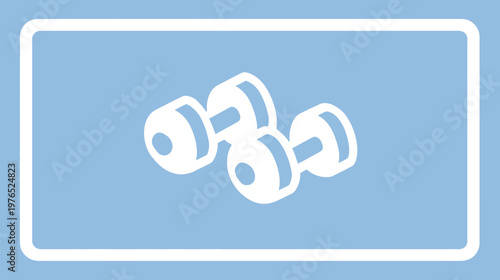 White dumbbells icon on a pale blue background. Minimalist graphic for fitness, gym, workout, exercise, and strength training.