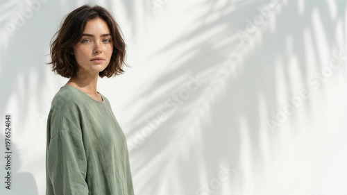 Young woman in olive green shirt standing against white wall with palm leaf shadow and copy space