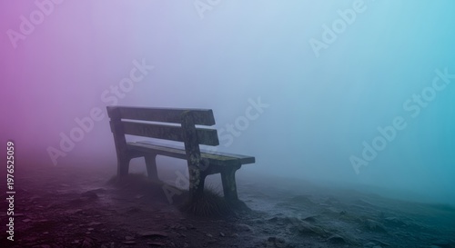 A singular, weathered bench rests beneath a vast expanse of heavy mist, emphasizing a profound sense of quietude and emotional isolation, atmospheric, gray, void