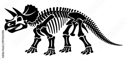 Triceratops skeleton silhouette with horns and frill, illustrating an extinct dinosaur's bone structure, a symbol of prehistoric life