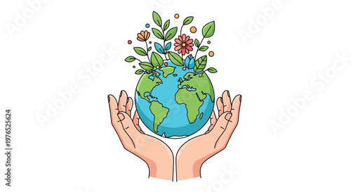Conceptual vector illustration of caring hands holding a blooming Earth globe with flowers, conveying a human care concept with a nature-inspired design against a clean white background