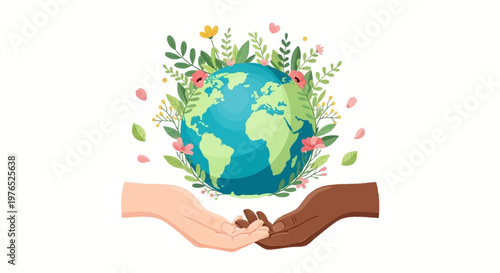 Illustrated design featuring diverse hands tenderly holding a blooming Earth globe, surrounded by floral decorations that symbolize human care and ecological awareness against a clean white