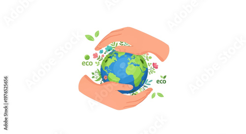 Illustrated vector of hands gently holding a globe adorned with flowers, symbolizing a human care concept for Earth Day, set against a clean white background with a decorative