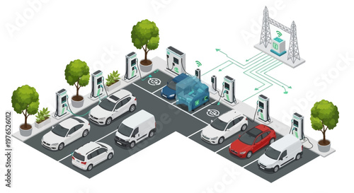 Isometric illustration showcasing an EV charging network with various electric vehicles parked and charging at stations in a designated area, promoting sustainable transport with a vibrant