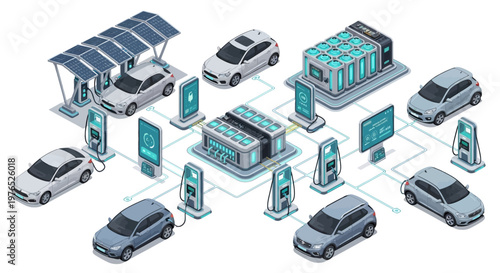 Isometric earth day illustration presenting an EV charging network with multiple electric cars charging at stations powered by solar panels and battery storage, all connected by a network