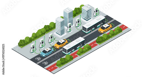Isometric vector illustration showing an EV charging network with electric cars and buses charging at stations along a city street, promoting sustainable transport in an eco-conscious Earth