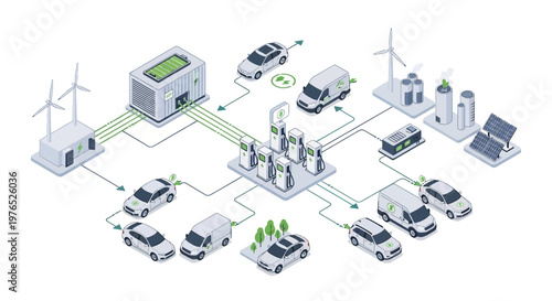 Isometric 3D vector illustration presenting an EV charging network showcasing sustainable transport solutions, complete with electric vehicles, windmills, and solar panels against a clean