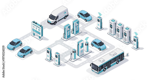 Isometric vector illustration depicting an EV charging network, showcasing sustainable transport with various electric vehicles at charging stations, arranged on a clean white background