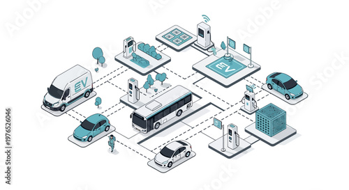 Isometric eco transport earth day illustration showcasing an EV charging network, featuring various electric vehicles like cars, vans, and buses connected via a sustainable transport system