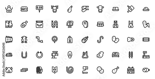 Butcher shop icon set. Vector illustration includes apron, burger, ribs, steak, knives, meat grinder, scale, sausage and more. Editable line icons.