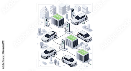 Isometric illustration showcasing a future EV charging network for sustainable transport, with electric vehicles connected to charging stations powered by green energy, all set