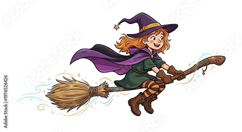 Cute Little Witch Girl Flying on a Magic Broomstick