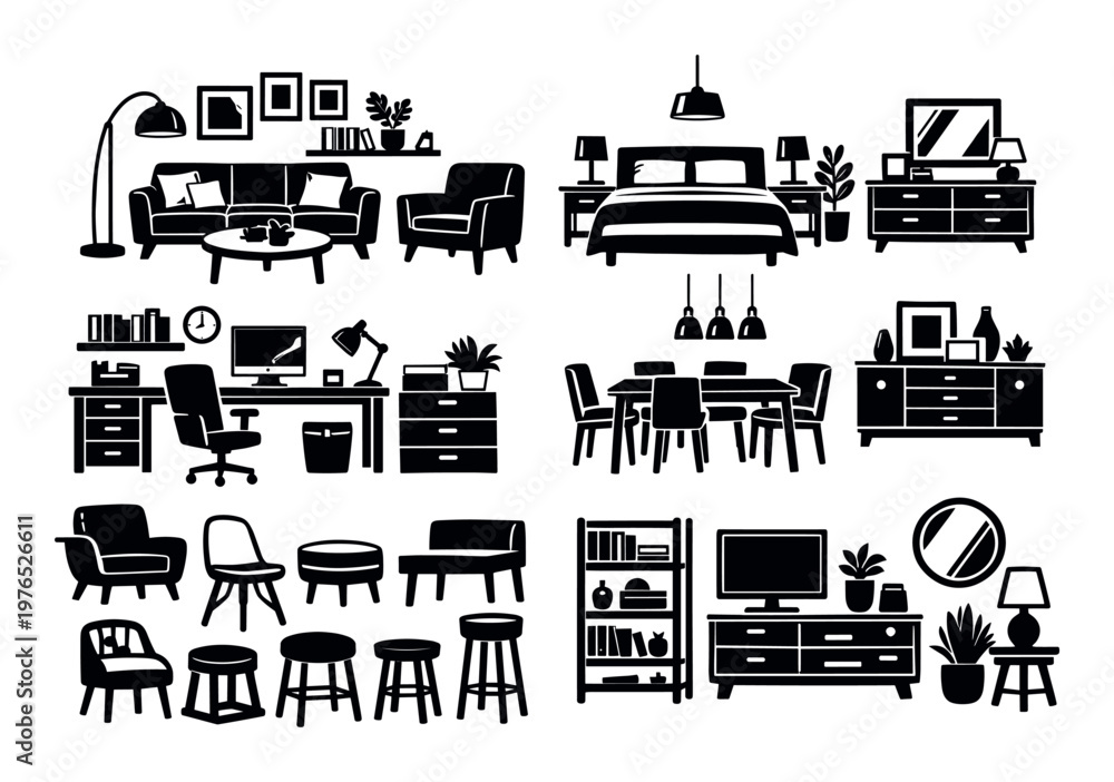 Obraz premium Collection of modern furniture icons and interior objects, depicting various pieces for home, office, bedroom, and dining spaces