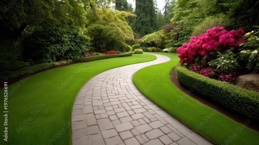 Obraz premium Serene Garden Pathway with Lush Green Grass and Vibrant Flower Beds Along Curved Walkway in a Peaceful Outdoor Setting