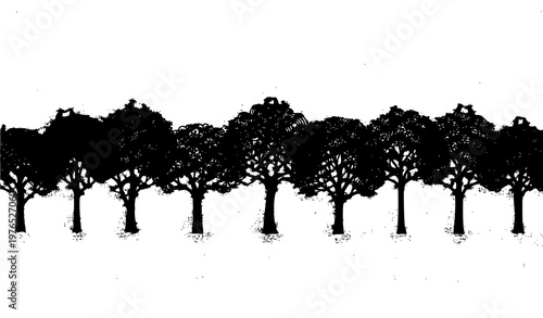 Abstract woodland tree silhouettes vector with patterned canopies and birds for creative botanical illustration