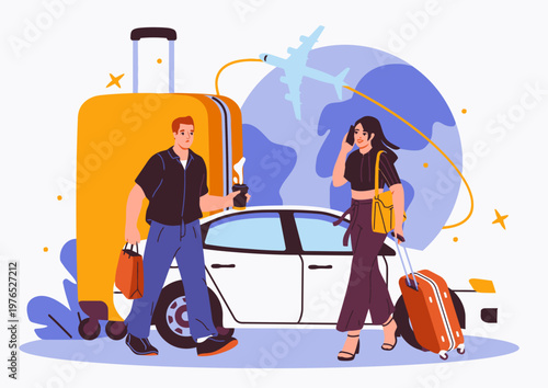 Illustration of a man and woman with luggage standing next to a car and globe with an airplane, conveying a travel and adventure mood with vibrant colors.