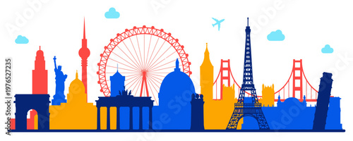 Colorful city skyline silhouette with iconic landmarks and Ferris wheel against a white background with blue clouds and airplane.