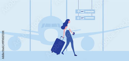 A woman walks through an airport terminal with a suitcase and boarding pass in hand, with a plane in the background.