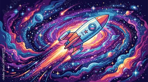 Digital illustration of a rocket ship soaring through a vibrant, swirling galaxy with stars and planets, conveying a sense of adventure and exploration.