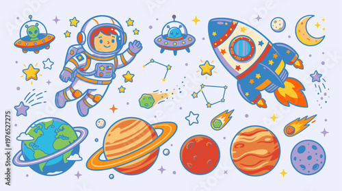Colorful flat illustration of an astronaut and various space objects including planets, stars, and a rocket ship against a light blue background with a playful and adventurous mood.