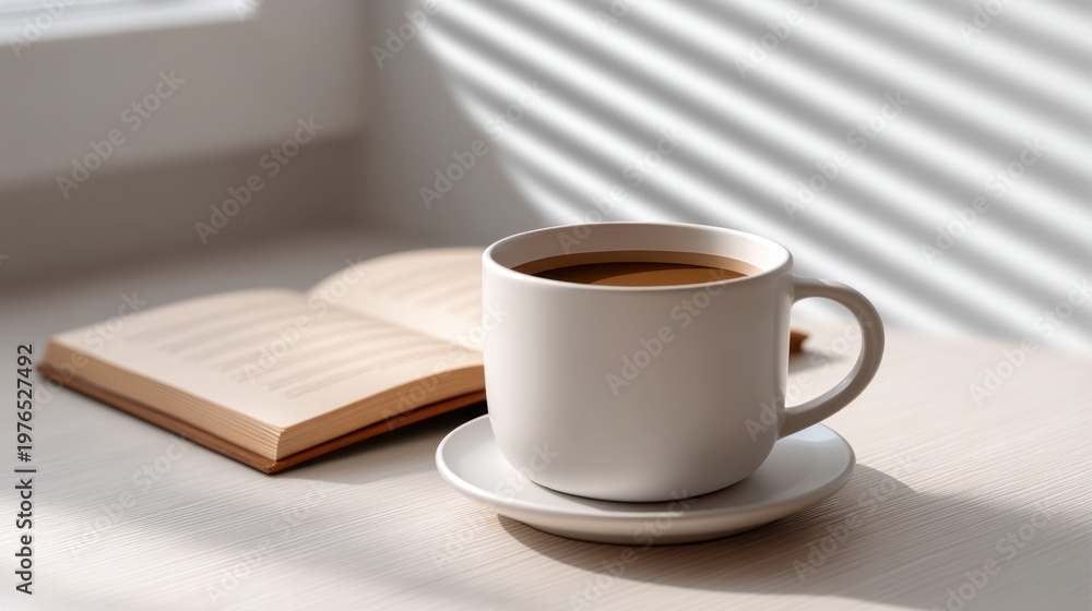 Obraz premium Cozy Scene with Coffee Cup and Open Book on Table with Soft Sunlight and Striped Shadows Creating a Warm Ambiance for Relaxation or Reading