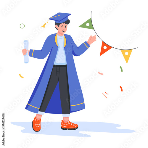 A cartoon young man in a blue graduation cap and gown holds a diploma and touches colorful triangular flags on a string with confetti around him on a white background.