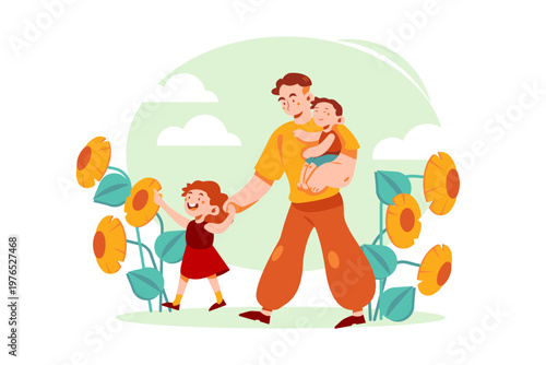 A cartoon illustration of a man holding a baby and walking with a little girl among large sunflowers in a green field with white clouds.