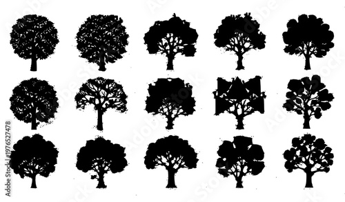 Set of abstract tree silhouette vectors with unique canopy designs and perched birds for woodland decor