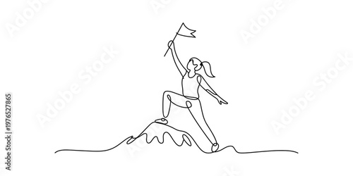 A single continuous line drawing of a determined woman standing on a mountain holding a flag up Vector, illustration