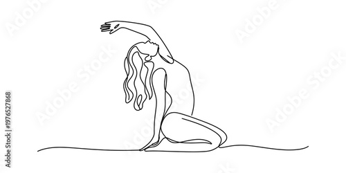 Minimalist continuous line drawing of a woman performing a yoga pose on a plain white background Vector, illustration