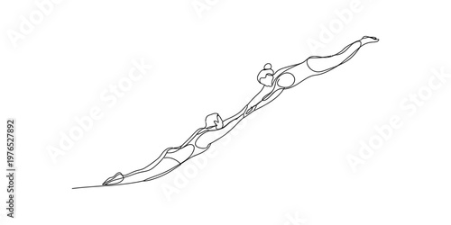 A minimalist continuous line drawing showing two figures swimming together in a synchronized motion Vector, illustration