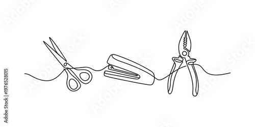 A single continuous line drawing featuring a pair of scissors a stapler and a pair of pliers tool Vector, illustration