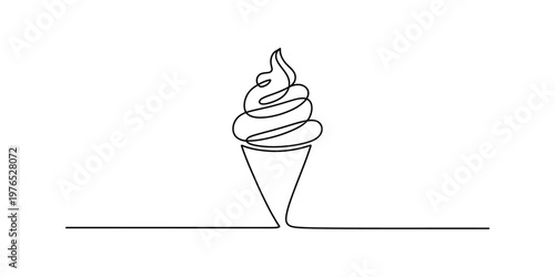 A minimalist single line drawing of a delicious soft serve ice cream cone on a plain background. Vector, illustration