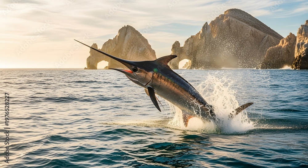 Obraz premium A marlin fish leaps out of water in an ocean scene, with a rocky coastline and dramatic mountains under a clear sky with sunlight.
