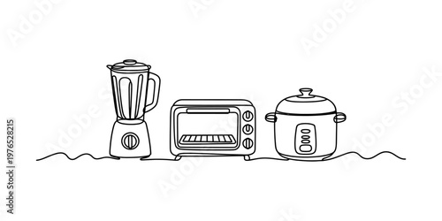 A continuous line drawing illustration of a blender an oven and a rice cooker kitchen appliance Vector, illustration