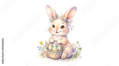 Cute Easter Bunny with Flower Crown Holding Basket of Painted Eggs