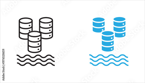 Simple line icon of multiple database servers above water waves, representing data storage, backup systems, cloud infrastructure, and large-scale data environments.