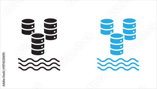 Simple line icon of multiple database servers above water waves, representing data storage, backup systems, cloud infrastructure, and large-scale data environments.