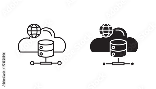 Minimal line icon of cloud database network with globe and server connection, representing cloud computing, data storage, hosting, and global data access technology.