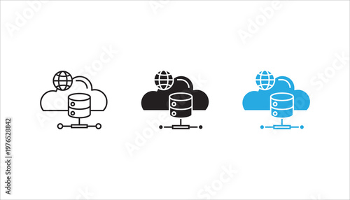 Minimal line icon of cloud database network with globe and server connection, representing cloud computing, data storage, hosting, and global data access technology.
