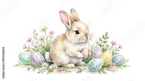 Cute Easter Bunny with Painted Eggs in Spring Meadow