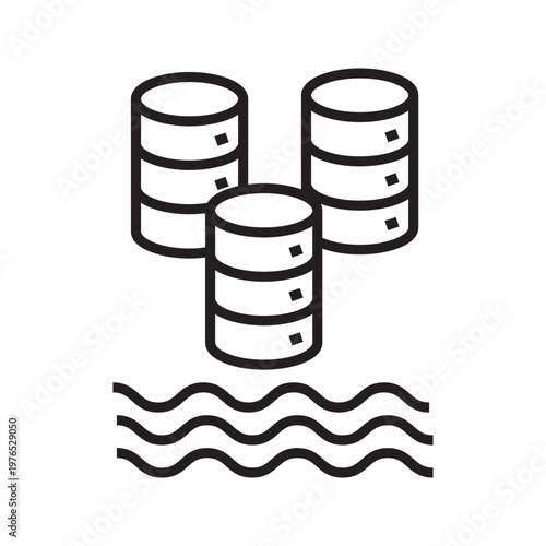 Simple line icon of multiple database servers above water waves, representing data storage, backup systems, cloud infrastructure, and large-scale data environments.