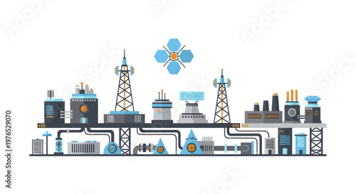 Modern Industrial Complex with Communication Towers and Energy Infrastructure.