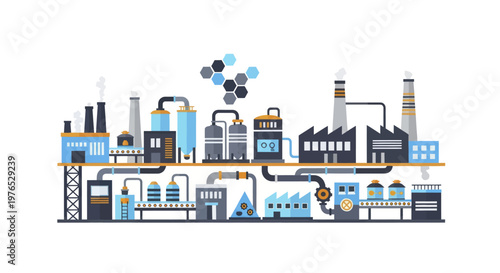 Modern Industrial Factory Complex with Chemical Processing Elements.