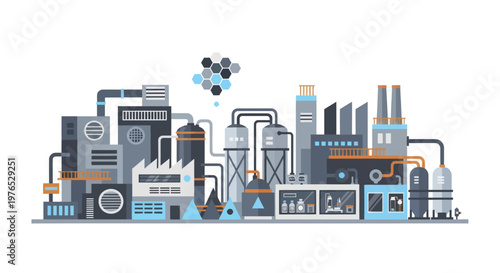 Modern Industrial Factory Complex with Chemical Processing Equipment.
