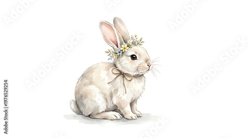 Cute White Bunny with Flower Crown, Watercolor Illustration, Easter Symbol